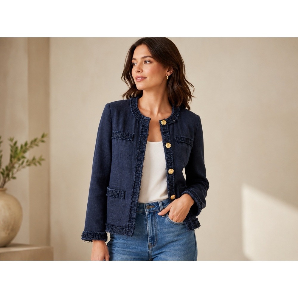 Michael Kors Linen Navy Blue Frayed Trim Jacket Gold Buttons Size 10
